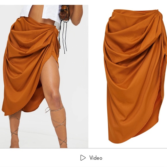 Prettylittlething Ruched Brown Side Midi Skirt Size 12 - Picture 2 of 4